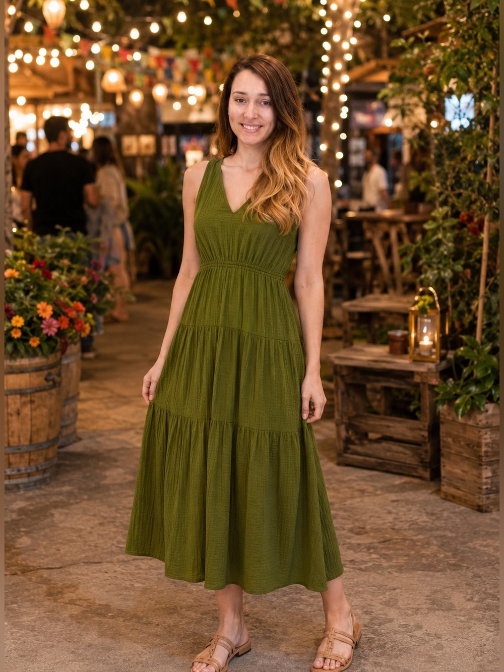 H&M Olive Green V-Neck Tiered Midi Dress Size S - Picture 8 of 8